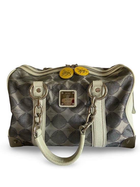 MCM Handbags - Authentic MCM Brown and Cream Monogram Satchel with Yellow Zip Pulls